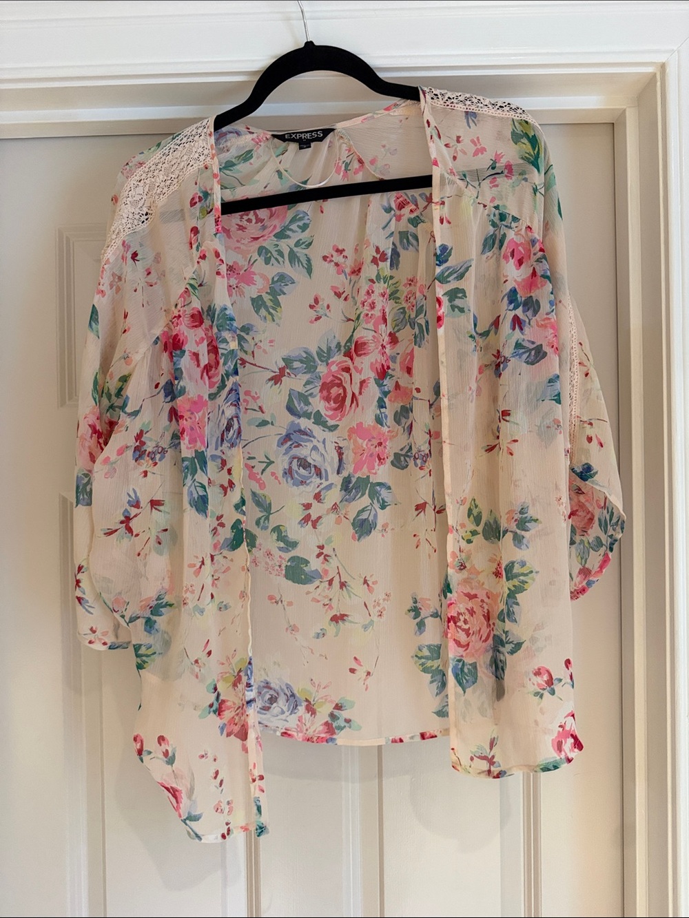 Express Sheer Floral Kimono Cardigan - Cream with Pink & Blue Flowers
